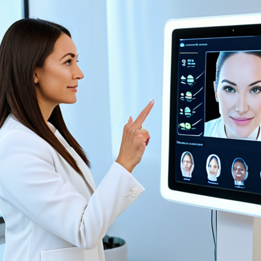 A professional beauty consultant, a woman in her 30s, wearing a modest, stylish, and professional business suit, is engaged in a virtual consultation on a large, sleek tablet screen. She is in a modern, brightly lit beauty clinic office with minimalist decor and subtle digital displays showing abstract skincare data visualizations. The consultant is gesturing thoughtfully, explaining personalized skincare insights to an unseen client. Her posture is natural and confident, conveying expertise and warmth. The overall atmosphere is high-tech, welcoming, and focused on advanced solutions. fully clothed, appropriate attire, safe for work, professional, perfect anatomy, correct proportions, natural pose, well-formed hands, proper finger count, natural body proportions, high-quality, ultra-detailed, professional photography.