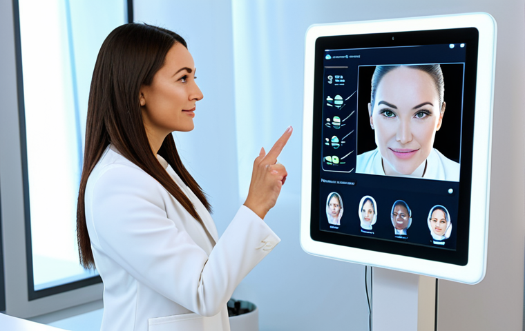 A professional beauty consultant, a woman in her 30s, wearing a modest, stylish, and professional business suit, is engaged in a virtual consultation on a large, sleek tablet screen. She is in a modern, brightly lit beauty clinic office with minimalist decor and subtle digital displays showing abstract skincare data visualizations. The consultant is gesturing thoughtfully, explaining personalized skincare insights to an unseen client. Her posture is natural and confident, conveying expertise and warmth. The overall atmosphere is high-tech, welcoming, and focused on advanced solutions. fully clothed, appropriate attire, safe for work, professional, perfect anatomy, correct proportions, natural pose, well-formed hands, proper finger count, natural body proportions, high-quality, ultra-detailed, professional photography.