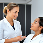 A kind and professional female beauty consultant in a modest business dress, attentively listening to a diverse client in a calm, modern beauty clinic. The atmosphere is welcoming and supportive, with soft lighting and natural elements, fostering a long-term relationship. The consultant has a warm, empathetic expression. Both individuals are fully clothed in appropriate attire, safe for work, appropriate content, family-friendly, perfect anatomy, correct proportions, natural pose, well-formed hands, proper finger count, professional photography, high quality.