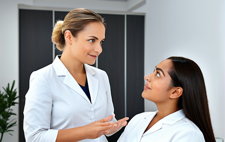 A kind and professional female beauty consultant in a modest business dress, attentively listening to a diverse client in a calm, modern beauty clinic. The atmosphere is welcoming and supportive, with soft lighting and natural elements, fostering a long-term relationship. The consultant has a warm, empathetic expression. Both individuals are fully clothed in appropriate attire, safe for work, appropriate content, family-friendly, perfect anatomy, correct proportions, natural pose, well-formed hands, proper finger count, professional photography, high quality.