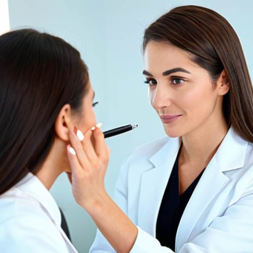 Home 25 A highly skilled professional female beauty consultant, fully clothed in a modest, elegant salon uniform, is meticulously examining a female client's facial skin in a brightly lit, modern consultation room. The consultant holds a small, professional skin analysis tool (like a pen-light, not overtly technical) gently near the client's face, displaying focused expertise. The client, also fully clothed in appropriate attire, sits comfortably with a serene expression, reflecting trust in the consultant. The background features blurred, clean salon aesthetics with a touch of soft lighting. Perfect anatomy, correct proportions, natural pose, well-formed hands, proper finger count, natural body proportions. Safe for work, appropriate content, professional, family-friendly, high quality, studio lighting, detailed.