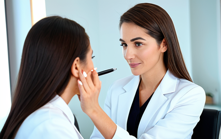 A highly skilled professional female beauty consultant, fully clothed in a modest, elegant salon uniform, is meticulously examining a female client's facial skin in a brightly lit, modern consultation room. The consultant holds a small, professional skin analysis tool (like a pen-light, not overtly technical) gently near the client's face, displaying focused expertise. The client, also fully clothed in appropriate attire, sits comfortably with a serene expression, reflecting trust in the consultant. The background features blurred, clean salon aesthetics with a touch of soft lighting. Perfect anatomy, correct proportions, natural pose, well-formed hands, proper finger count, natural body proportions. Safe for work, appropriate content, professional, family-friendly, high quality, studio lighting, detailed.