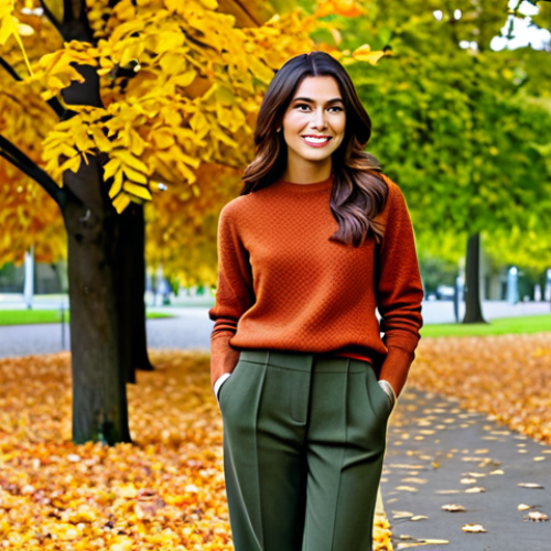 Home 24 Autumn Fashion in Nature**
"A woman with warm brown hair and olive skin, fully clothed in a stylish, modest autumn outfit, including a rust-colored knit sweater and olive green trousers, standing in a park surrounded by colorful autumn leaves, safe for work, appropriate content, professional attire, perfect anatomy, correct proportions, natural pose, well-formed hands, proper finger count, natural body proportions, professional photography, high quality."
**
