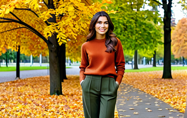 Autumn Fashion in Nature**
"A woman with warm brown hair and olive skin, fully clothed in a stylish, modest autumn outfit, including a rust-colored knit sweater and olive green trousers, standing in a park surrounded by colorful autumn leaves, safe for work, appropriate content, professional attire, perfect anatomy, correct proportions, natural pose, well-formed hands, proper finger count, natural body proportions, professional photography, high quality."
**