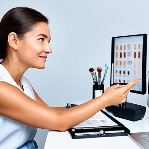 Home 23 Personalized Skincare Consultation**
A friendly beauty consultant, fully clothed in a professional outfit, analyzing a client's skin in a well-lit studio setting. The client is also fully clothed and relaxed. Focus on the consultant's attentive expression and the use of skincare analysis tools (e.g., magnifying glass, skin tone charts). Safe for work, appropriate content, professional, modest, perfect anatomy, correct proportions, natural pose, well-formed hands, proper finger count, natural body proportions. High quality, professional photography. Include Dutch skincare brands subtly on the table.
**