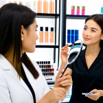 **

"A beauty consultant, fully clothed in a professional blouse and slacks, assisting a customer with a skin analysis in a brightly lit cosmetics store. The consultant is holding a magnifying glass, examining the customer's skin. Shelves stocked with various beauty products are visible in the background. Safe for work, appropriate content, perfect anatomy, correct proportions, natural pose, professional setting, modest attire, well-formed hands, proper finger count, natural body proportions, family-friendly."

**